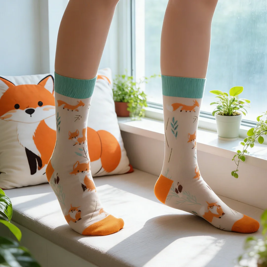 1 Pair Cute Little Fox Designs Socks, Offering  A Fresh and Fashionable Look Perfect For Casual Outfits