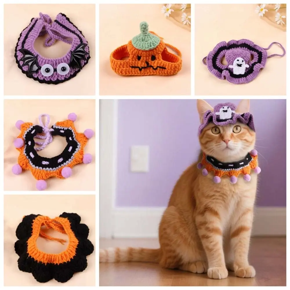 

Breathable Halloween Pets Costumes Clothes Ghost Halloween Cat Headgear Cartoon Pumpkin Cat Woven Hat Bib Face Decoration