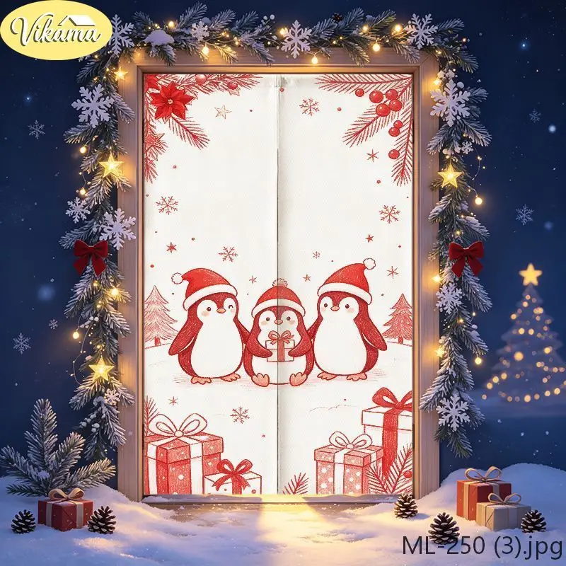 VIKAMA Christmas Red White Ornament Ball Door Curtain Beige Background Hanging Bauble Pine Branch Merry Text Snowflake Gift Soft