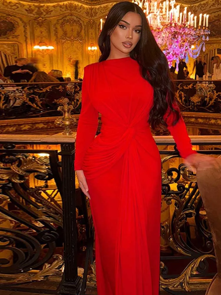 

Red Elegant Dress for Woman Luxury Evening Dresses Woman Sexy Party Spring Clothing Long Sleeve Maxi Dresses Waist A Line