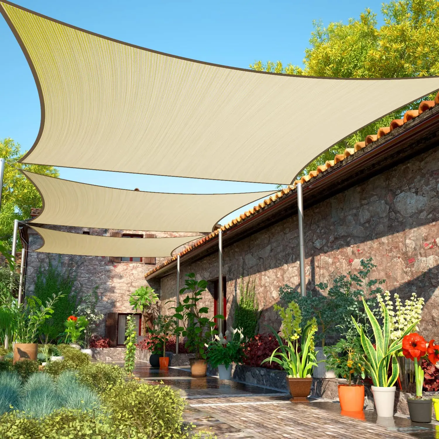 8' x 16' Beige Sun Shade Sail Rec  le Canopy Fabric Cloth Screen, Water and Air Permeable & UV Resistant, Heavy Duty, Carport