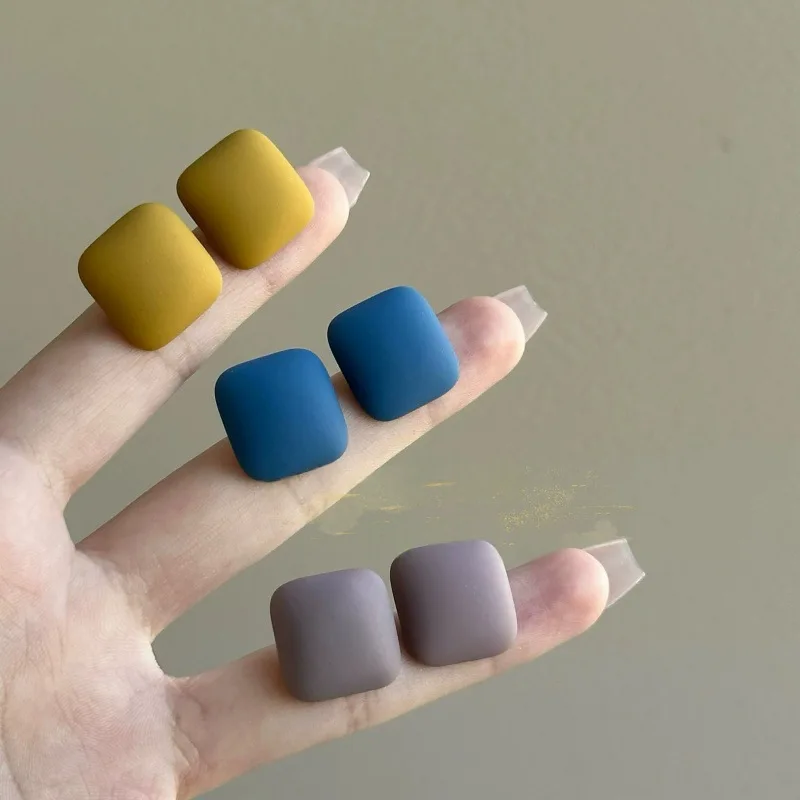 Vintage Candy Color Frosted Square Earrings For Women Lady Minimalist Geometric Alloy Stud Earrings Casual Office Jewelry Gifts