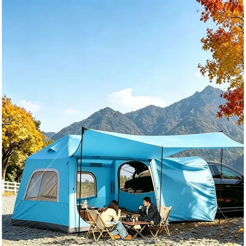 Blue Car Rear Connected Inflatable Tailgate Tent, Waterproof Windproof SUV Camping Tent for Outdoor Self Drive Tour