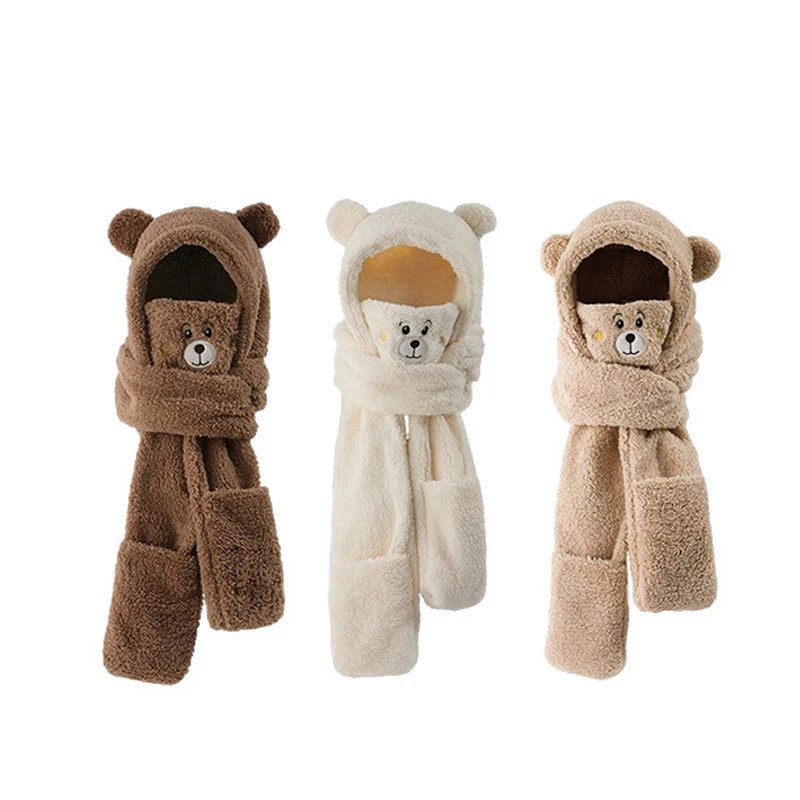 Cute Bear Ears Hat Scarf All-in-one Hat For Women Winter Plush Thickened Warm Ear Protection Scarf 4-piece Set