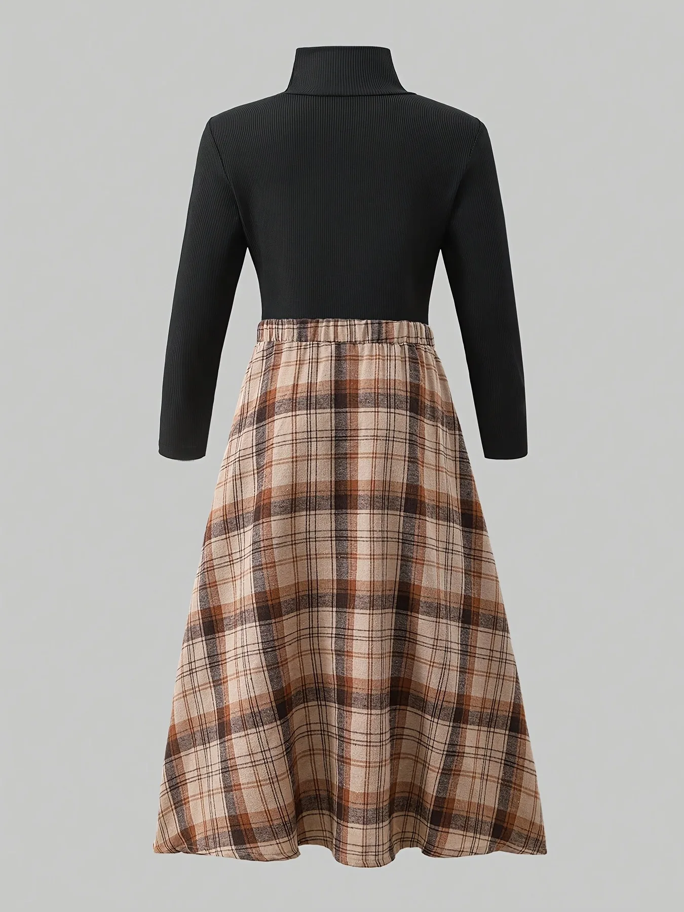 Soft Kids Girls Two Piece Co-ord Set, High Neck Skinny Black Long Sleeve Base Top & Vintage Plaid Flowy High Waist Skirt for Sch