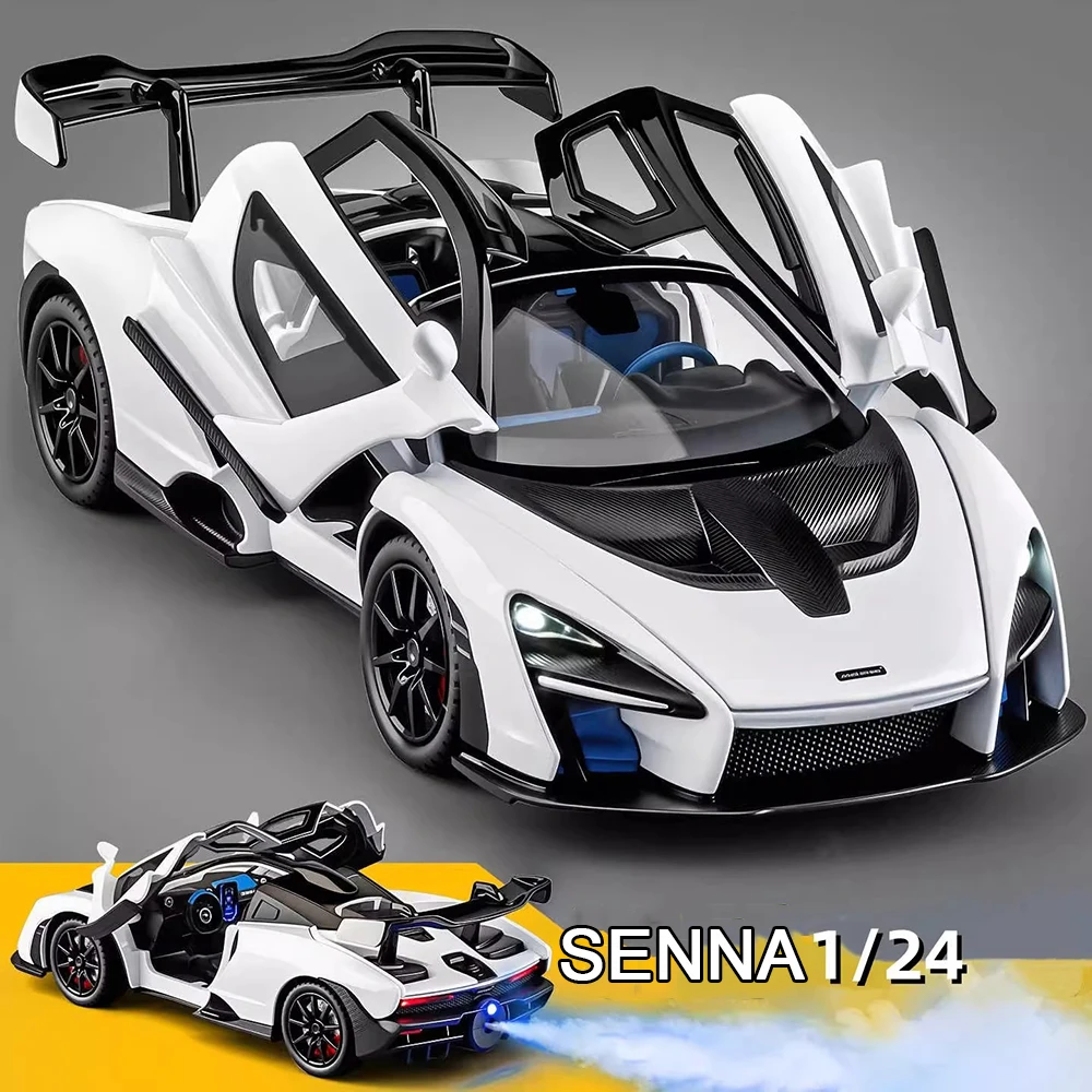 1-24合金製セナevoカーのおもちゃ、ダイキャストモデル、スプレー機能付き、ドア開閉可能、ライトと音楽付きスーパーカー、ミニチュアモデル、卓上装飾