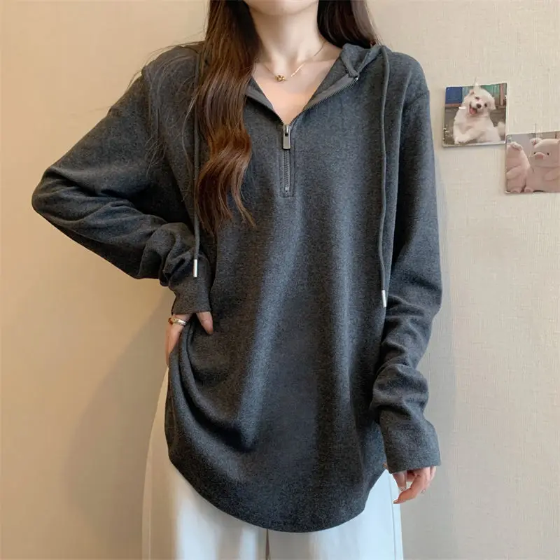 Basic Long Sleeve Zipper T-shirt Female Clothing Solid Color 2024 Spring Autumn Casual Loose Hooded Stylish Drawstring Pullovers