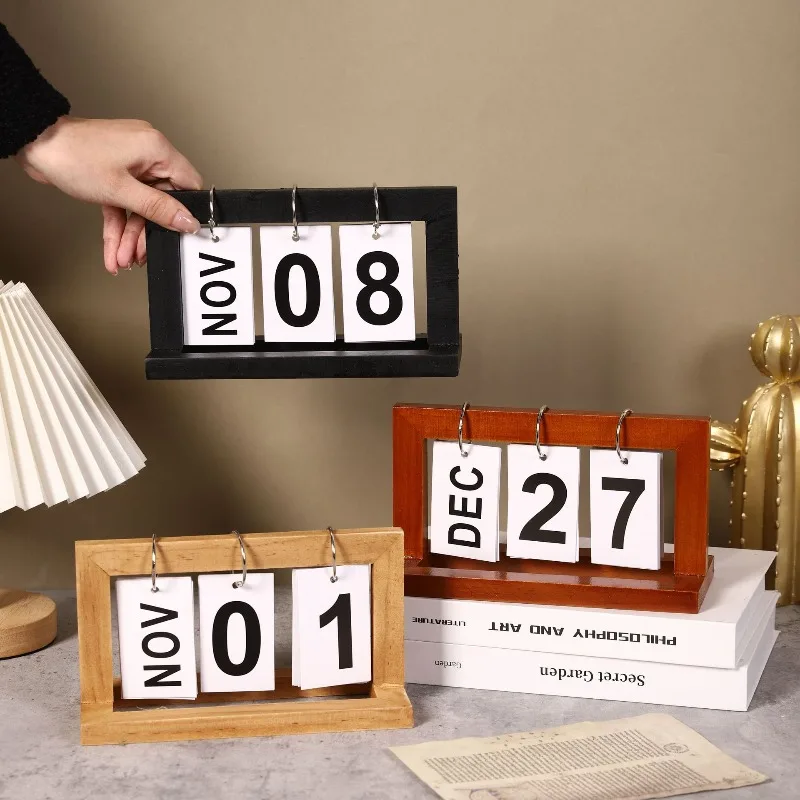 Tabletop Perpetual Calendar Three Color Wood Frame Tabletop Perpetual Calendar Flip Month Date Desk Calendar Home Simple Decor