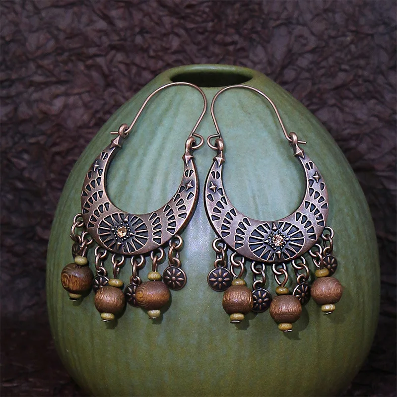 Ethnic Wooden Bead Tassel Pendant Earrings Vintage Gypsy Geometric Carved Hoop Earrings Women\'s Fashion Bohemian Jewelry