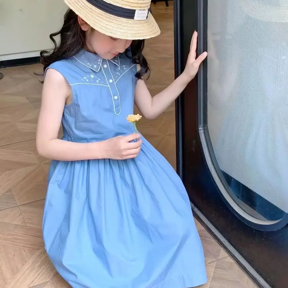 

Весенняя одежда для девочек, детское платье во французском стиле, синее платье без рукавов для девочек, высококачественное вышитое платье в ретро-стиле
