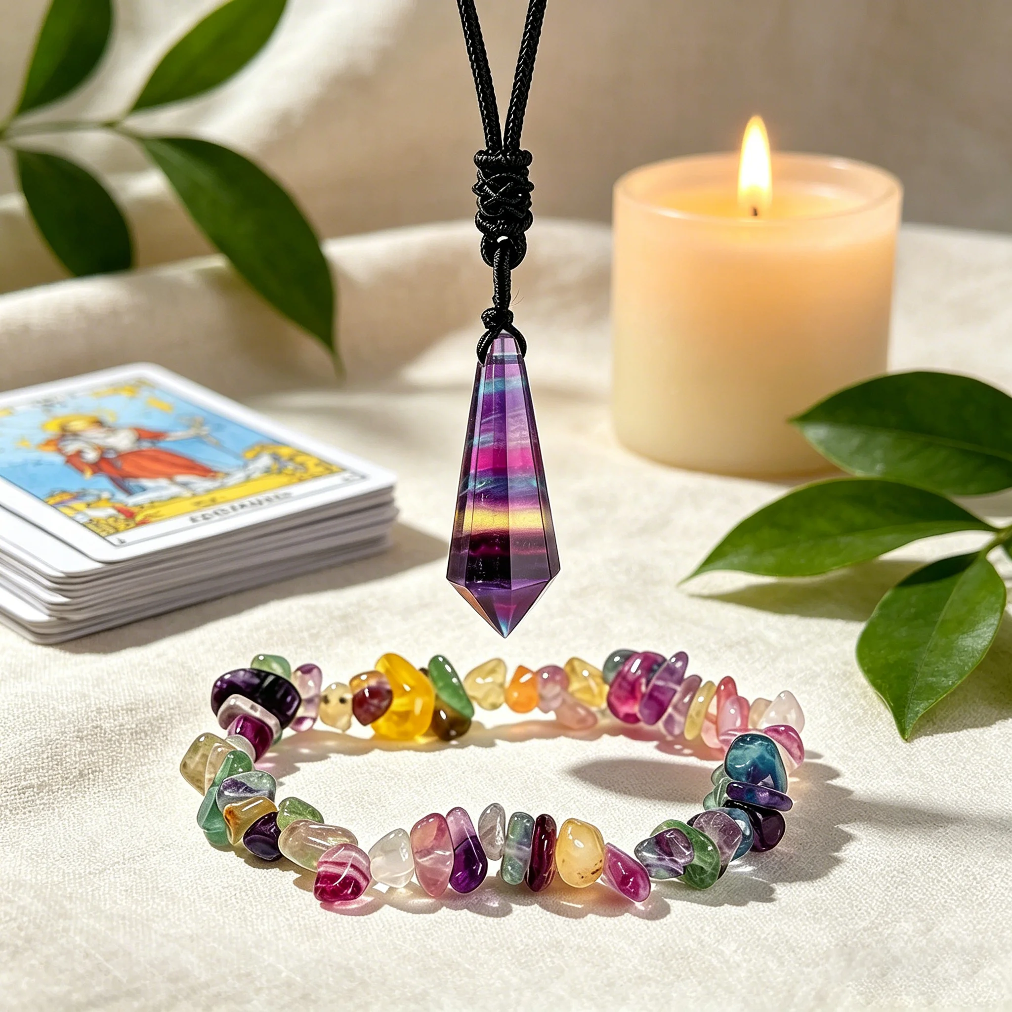 Natural Rainbow Fluorite Pendulum Necklace Irregular Chip Beads Bracelet Set Chakra Healing Crystal Divination Spiritual Gift