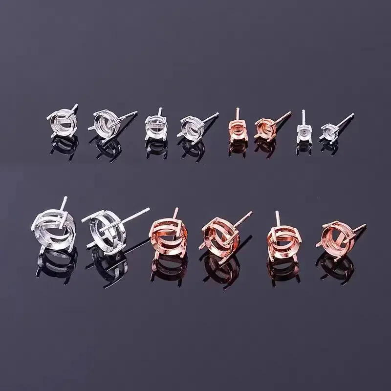 Simple 925 Silver Earrings Settings Round Semi Mount Gemstone Stud Earrings Tray Setting Allergy Free Gold Plated Jewelry