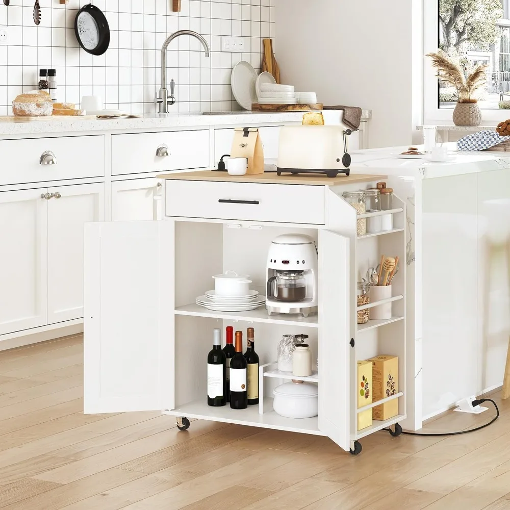 Rolling Kitchen Cart on Wheels With Power Outlet Kitchen and Dining Room for Home White and Natural WN82UZD01G1 Storage Cabinet