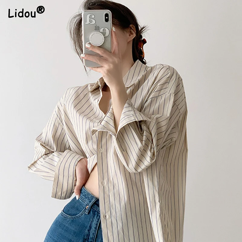 2023 Women\'s Clothing Fashion Casual Korean Striped Loose Button Capable Turn-down Collar Young Style Spring Summer Thin Blouses