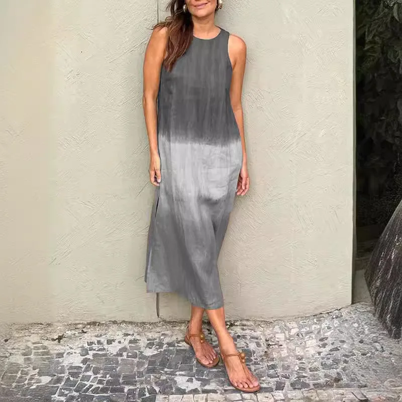 Abito estivo da spiaggia sfumato Abito da donna casual con scollo a O Patchwork Abito lungo da donna Elegante abito longuette senza maniche Boho Robe