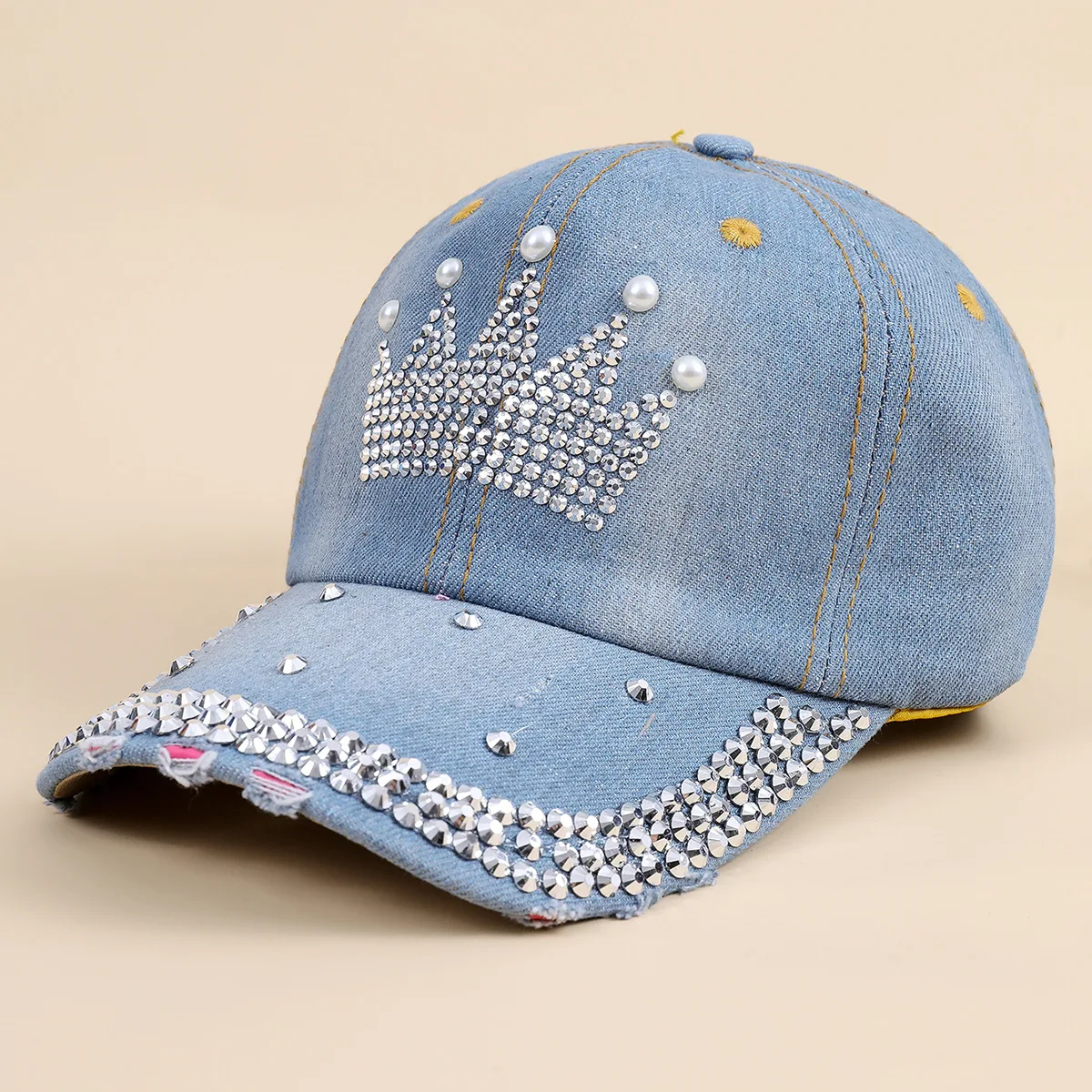 Baseball Cap Women Retro Street Crown Beads Denim Sunshade Baseball Hat Female Outdoor Casual Summer Hats For Women Sun Visor