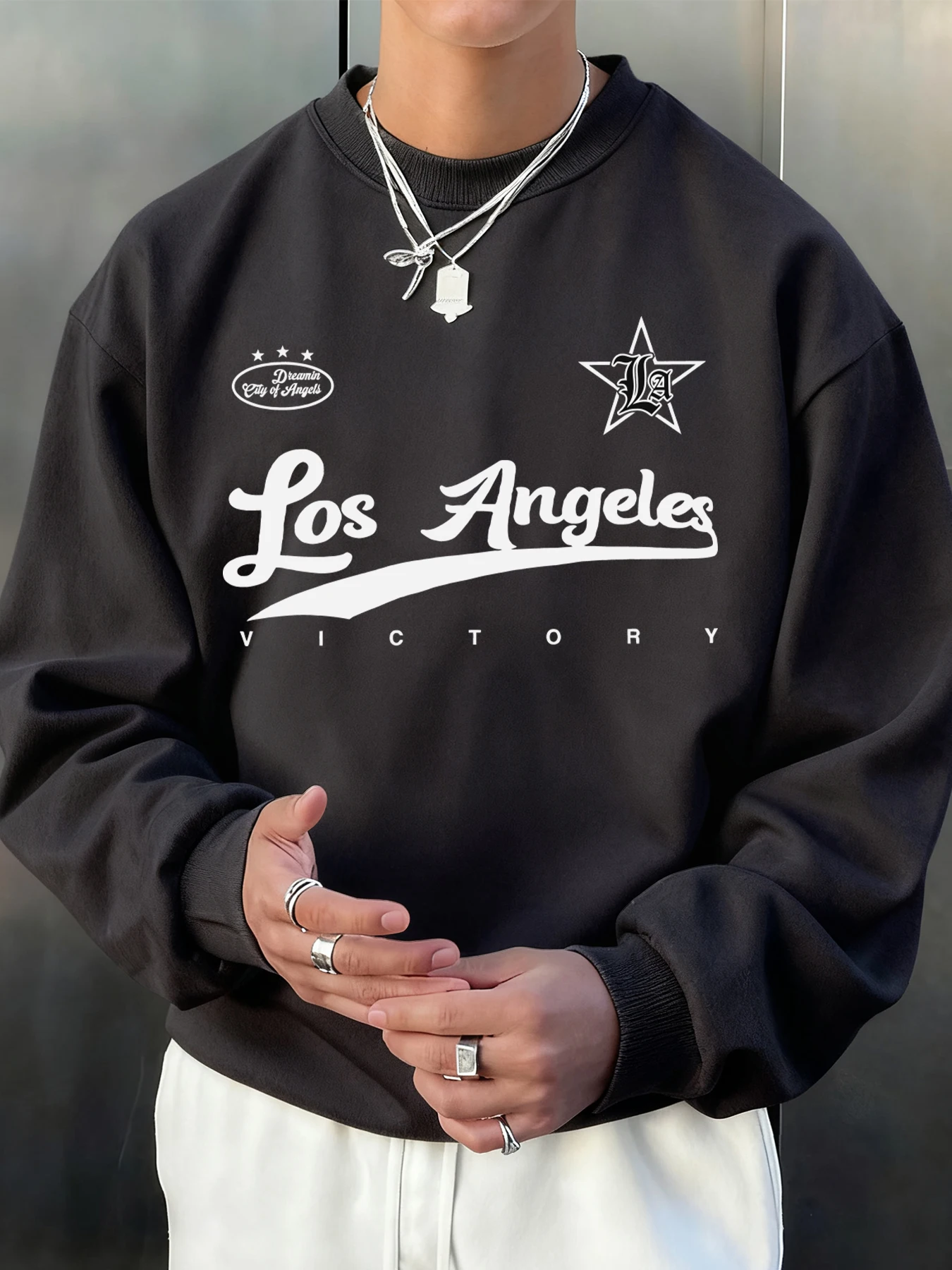 Los Angeles Victory Letter Design Sweatshirt Men Autumn Fleece Sportswear Simple Hip Hop Tops Street Unisex Crewneck Pullover