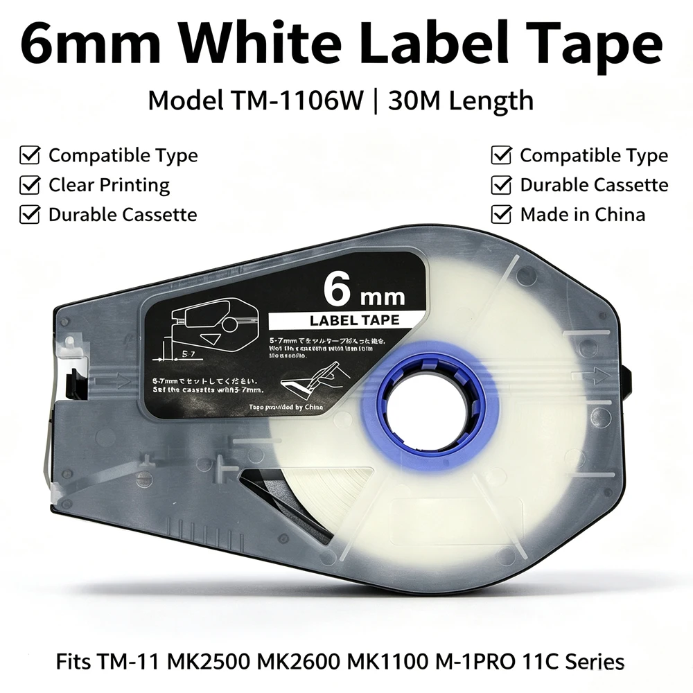 White Yellow Label Tape Cassette 6/9/12mm 30M For Electronic Lettering Machine TM‑11 MK2500  MK1100 M‑1PRO 11C Printer Ribbon 