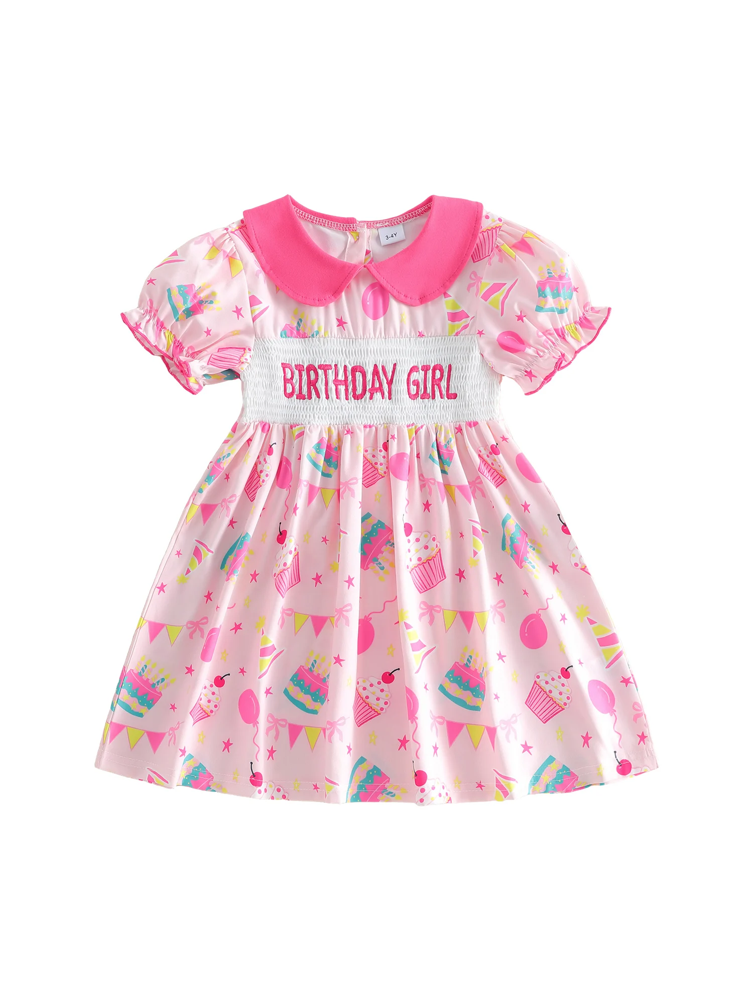 

Infant Baby Girl Birthday Outfit A Line Floral Embroidered Birthday Party Print Peter Pan Collar Short Sleeve Dress with Bow