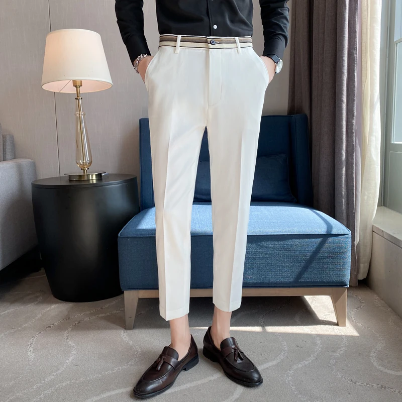 Pantalones de traje a rayas de cintura a la moda para Hombre, pantalones ajustados en blanco y negro, marca Formal, negocios, boda, informales, verano, 2022