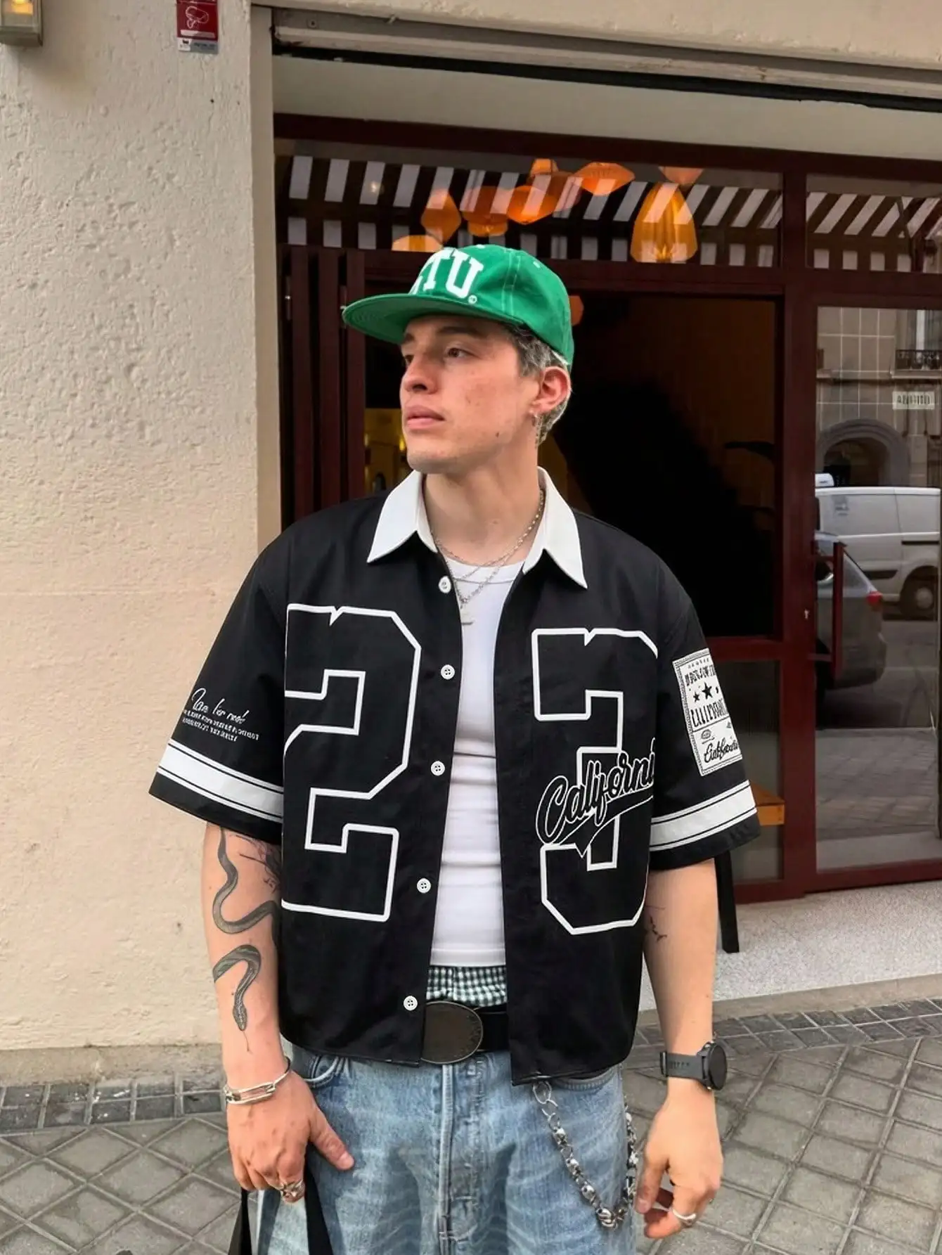 Men's Casual Color-block Digital Print Shirt, Men's Short-sleeve Top, Men's Short-sleeve Graphic Shirt, Streetwear-style Shirt