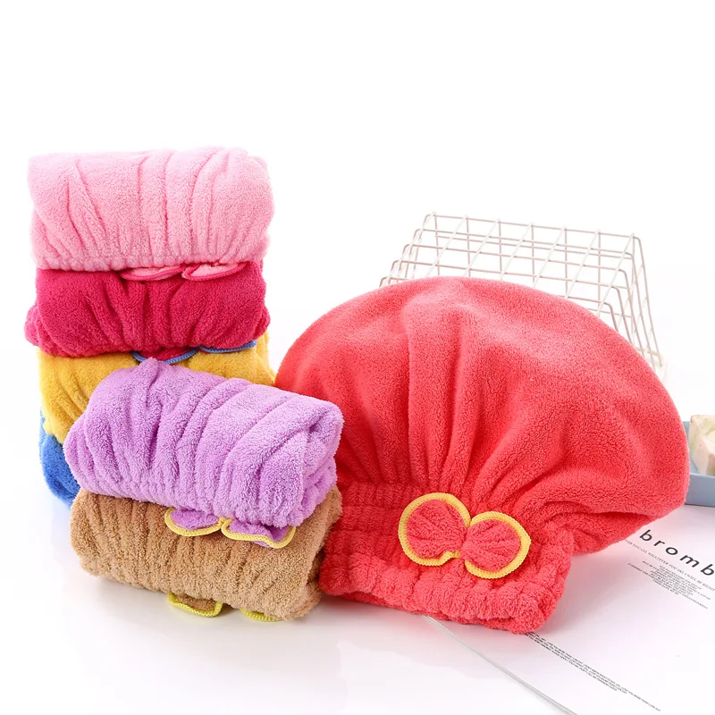 High Density Coral Velvet Shell Dry Hair Cap Cute Super Soft Bow Absorbent Princess Hat 4Pcs Thick Hair Towels with Elastic Band
