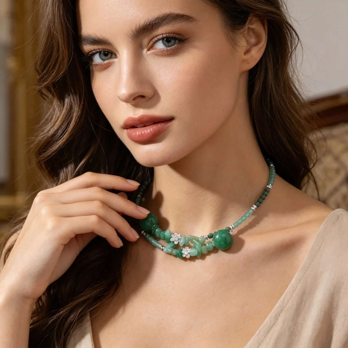 Vintage Ethnische Grüne Naturstein-Halskette mit Unregelmäßigen Perlen für Frauen und Männer, Chinesischer Stil, Silberfarbener Lotusblumen-Choker Schmuck – Detail 11