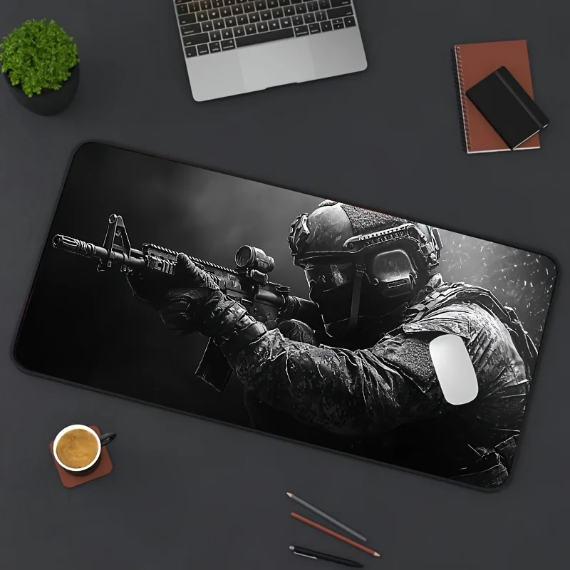 Large Tactical Soldier Mouse Pad, Non-Slip XXL Desk Pad, Stitched Edges Gaming Accessories for Home & FPS Gamer