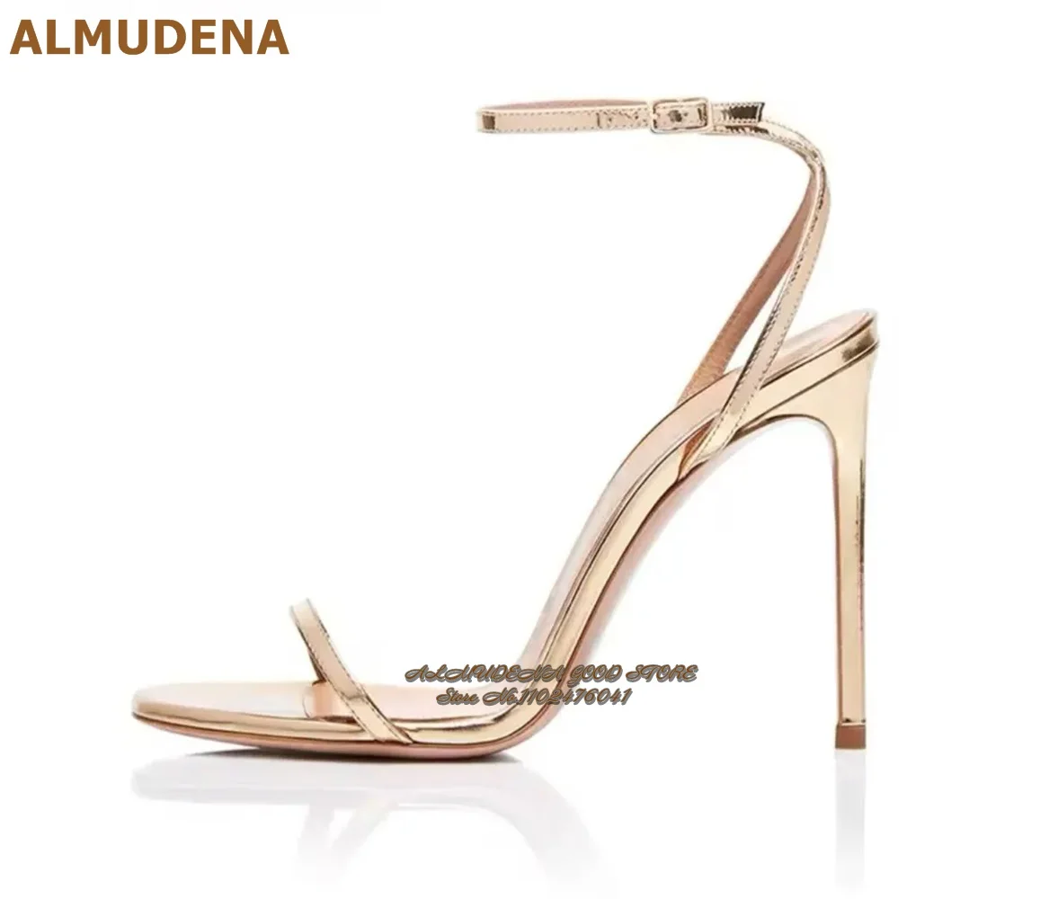 

ALMUDENA Gold Champagne Silver Square Toe Sandals Elelgant Thin Single Band High Heel Shoes Buckle Strap Slingback Party Shoes