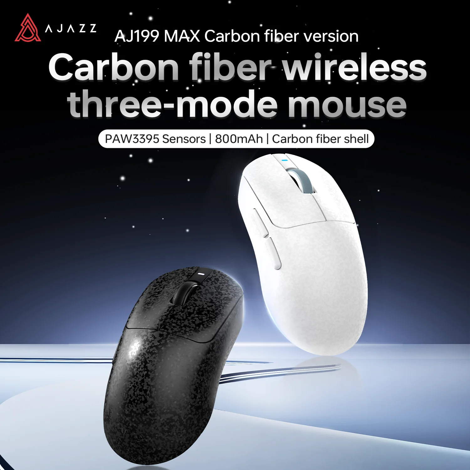 Ajazz AJ199 MAX Carbon Fiber Wireless Gaming Mouse PAW3395 Sensor 6 Levels of DPI Tri Mode 800mAh Long Range Office Mouse