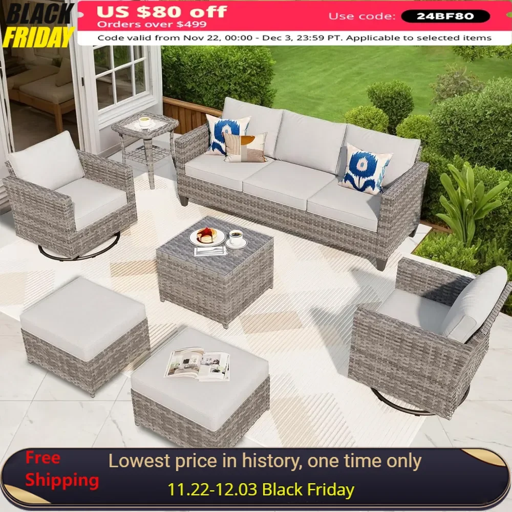 Patio Furniture Set, 7 Pieces Outdoor Wicker Rattan Sofa Couch with Swivel Rocking Chairs, Table and Comfy Cushions ，Grey