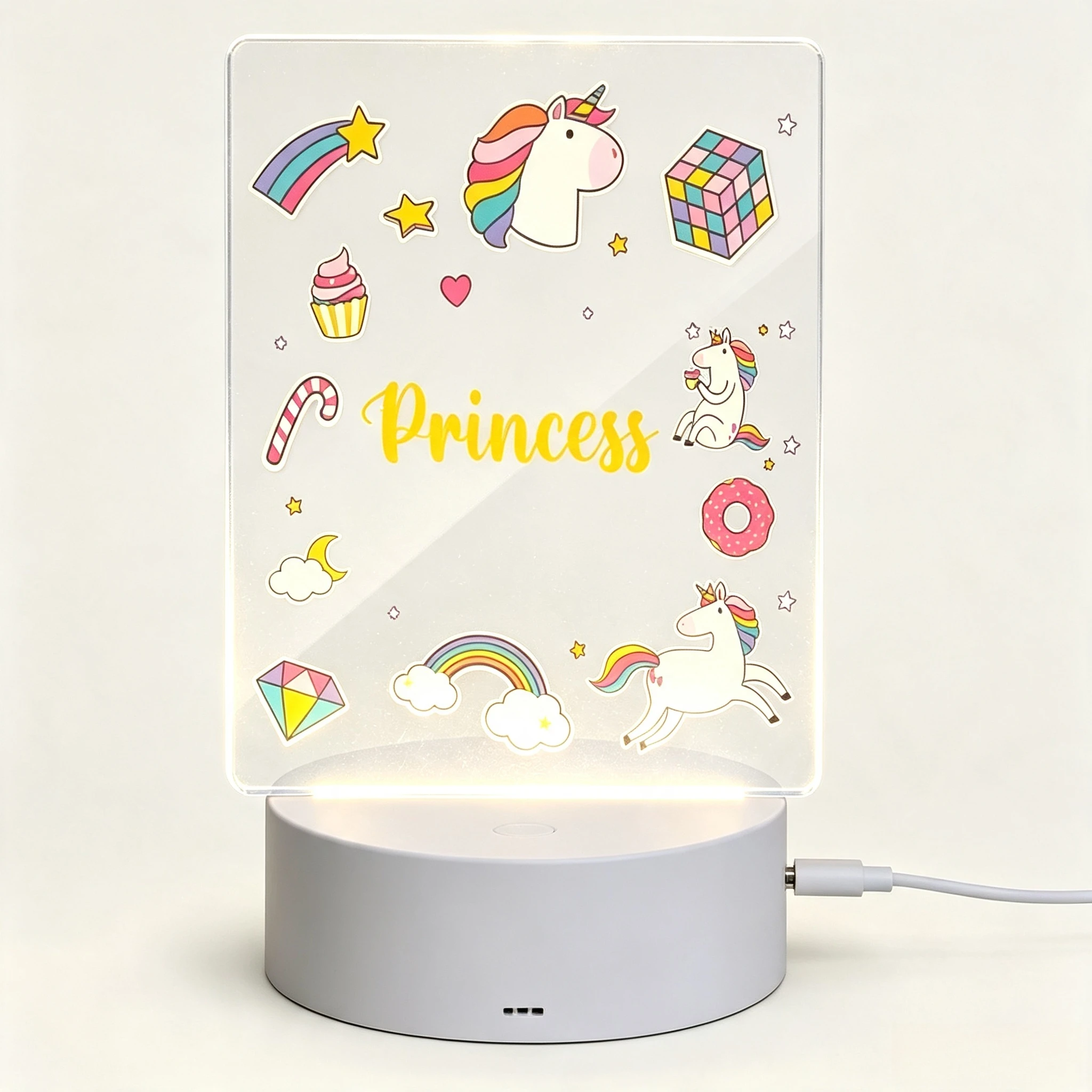 Cute Cartoon Unicorn Princess Themed LED Night Light Personalized Square Acrylic Desk Lamp For Girls