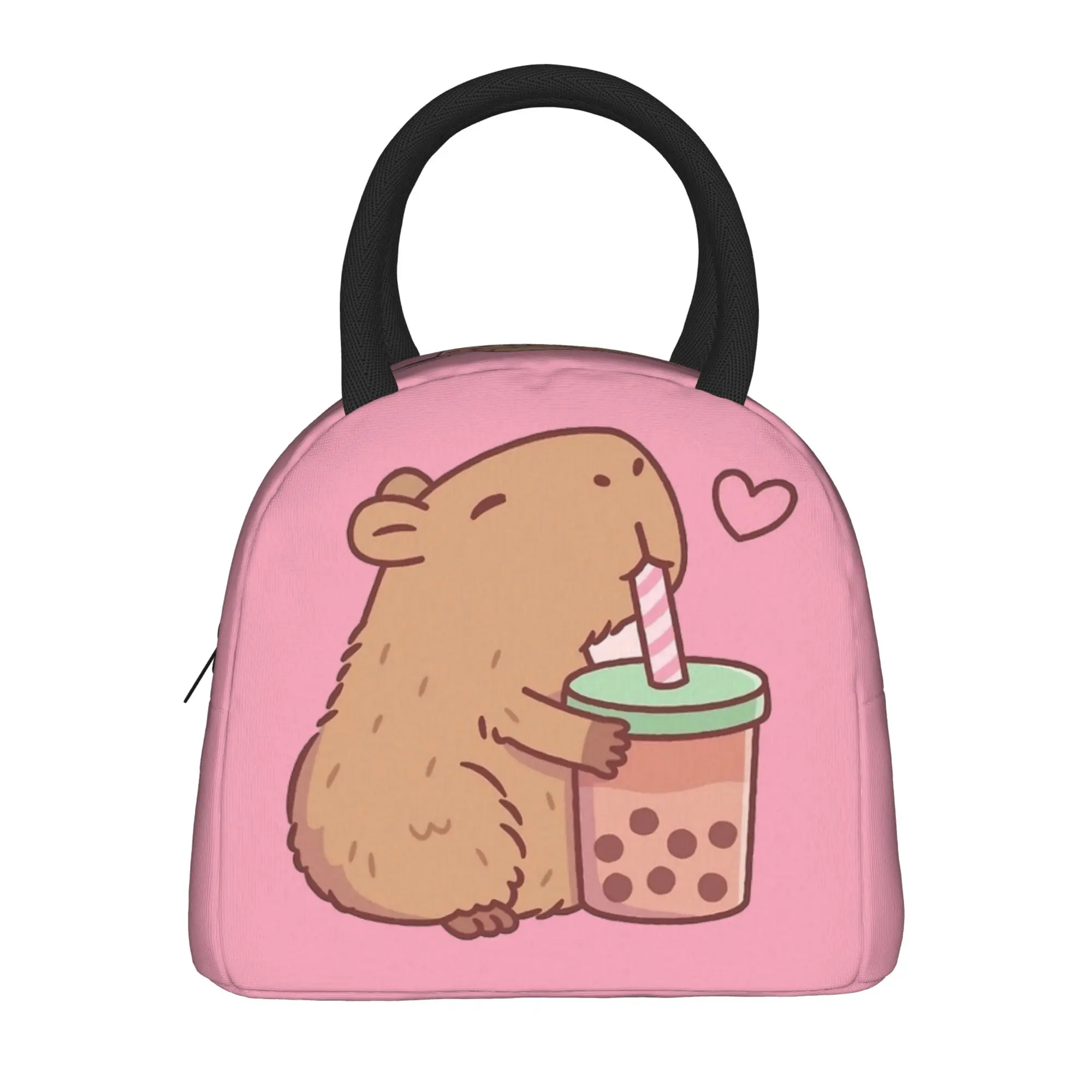 Cute Capybara Loves Bubble Tea  Insulated Lunch Bag Thermal Bag Reusable Cartoon Animals Portable Tote Lunch Box Bento Pouch