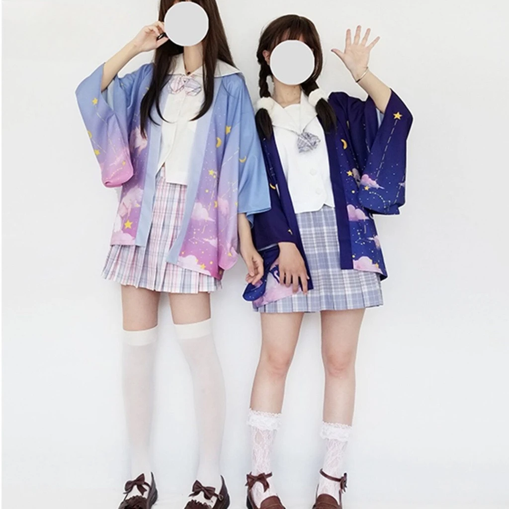 جديد فضفاض الأرجواني Kawaii القطط طباعة اليابانية الشارع الشهير سترة النساء الرجال Harajuku Haori كيمونو تأثيري بلوزة يوكاتا