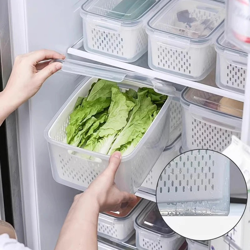 Refrigerator Vegetable Cooler Transparent Double Layer Large Capacity Sealed Box Vegetable & Fruit Food Grade Drainer Box