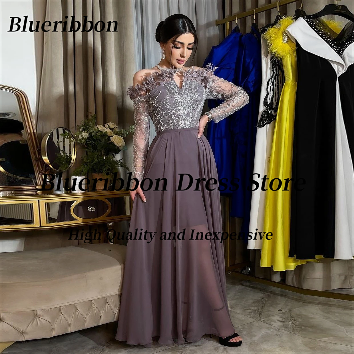 Blueribbon Feathers Bateau Neck Evening Dresses Long Sleeves Zipper Back Prom Dress Chiffon A Line Wedding Party Mother Wear