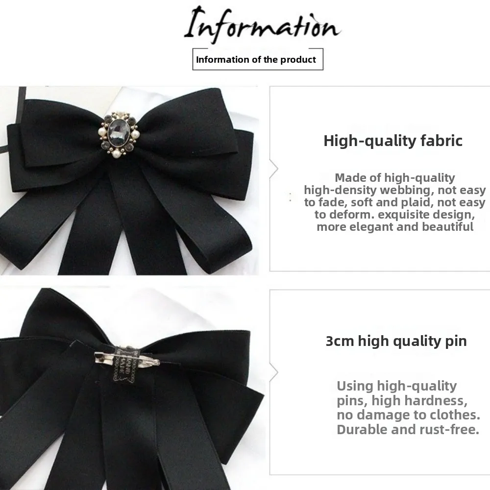 أنيقة الراين الأسود الشريط دبوس حبات اللؤلؤ الأسود القوس ربطة العنق دبوس متعدد الطبقات الشريط شارة بروش فتاة