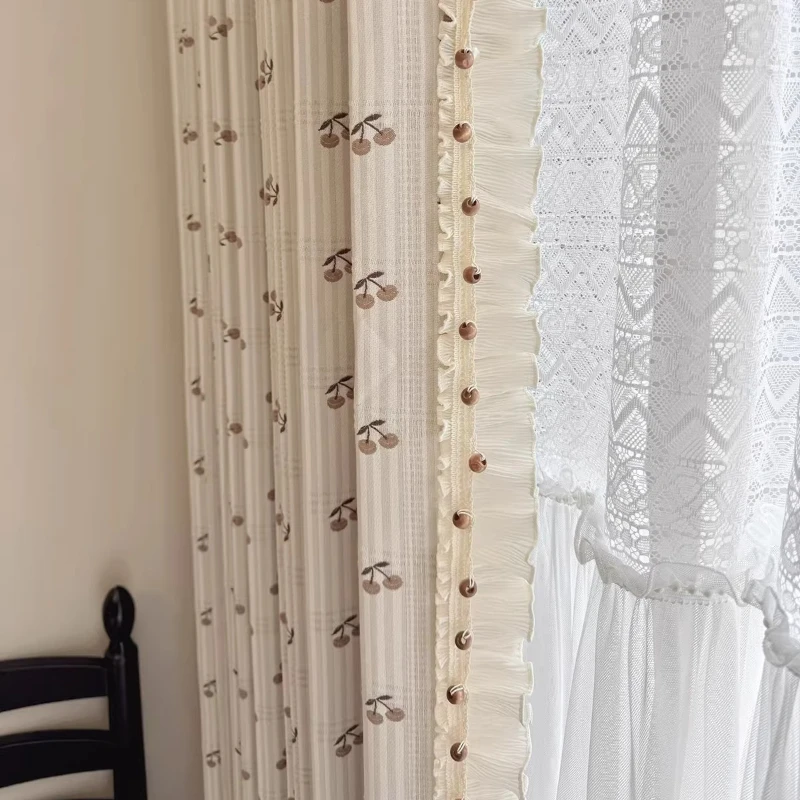 Cotton Linen Yarn Dyed Sheer Curtain Retro Medieval Cherry Embroidery Custom Size Elegant Curtains for Bedroom Living Room