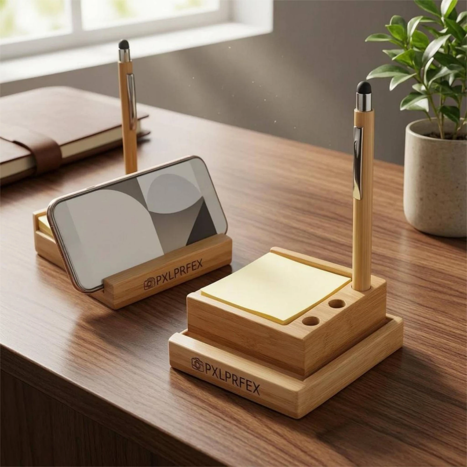 竹製デスクオーガナイザー-縦型スマホスタンドオーガナイザー-竹製ペンホルダー-長方形