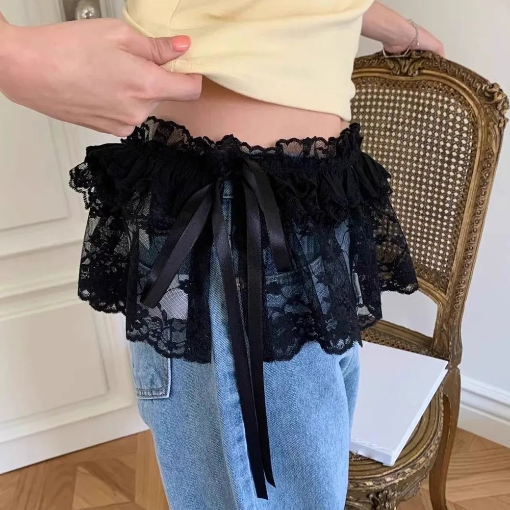 

New Embroidered Flower Lace Mini Skirt See Through Y2K Streetwear Ruched Skirts Harajuku Pleated Skirts Jeans Decoration