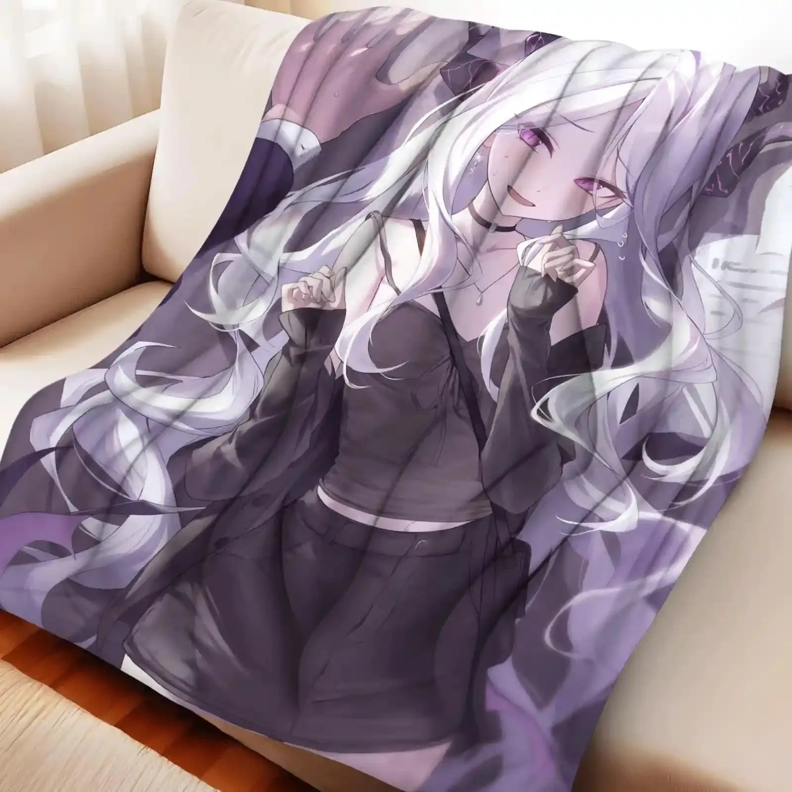 Anime Flannel Throw Blanket Hina Print White Long Hair Horns Dark Outfit Warm Sofa Bed Blanket Fan Gift