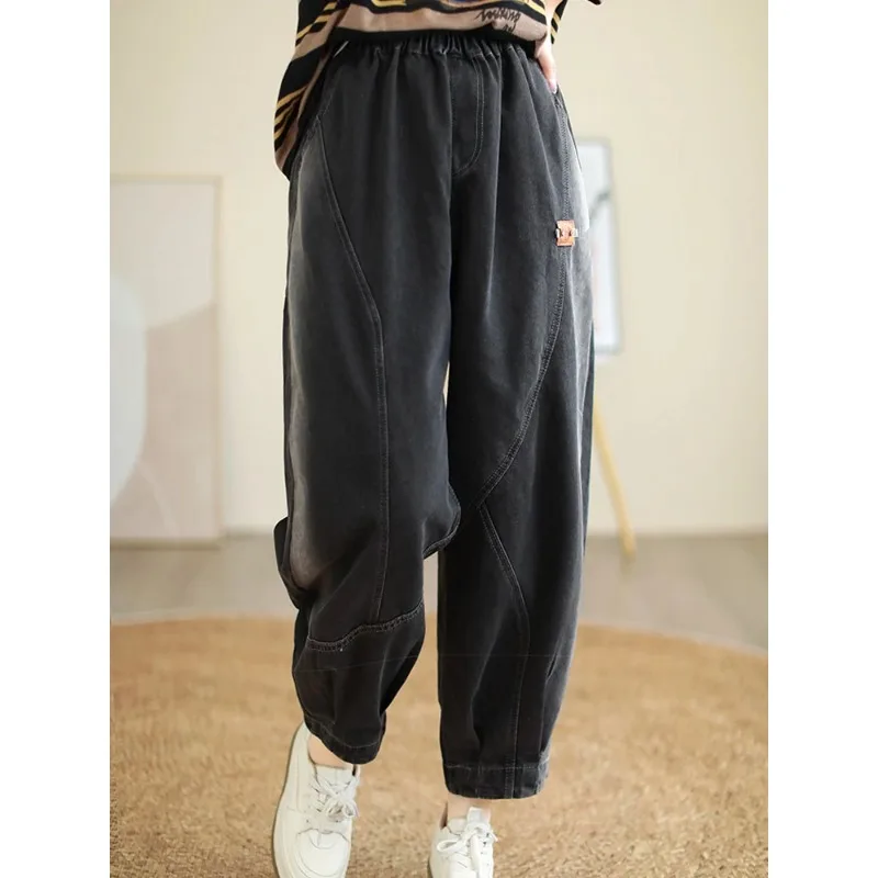 Fashion Designer Autumn Denim Pants Womens Loose Casual Vintage Jeans Ladies Classic Luxury Elastic Harem Trousers