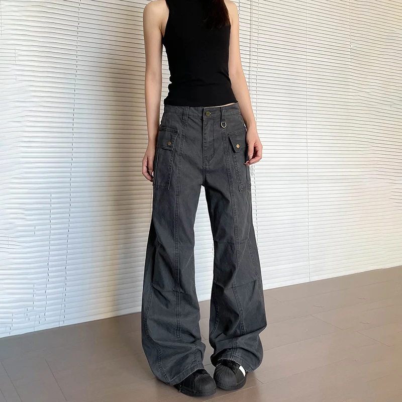 กางเกงขายาวลำลองทรงตรงสำหรับผู้หญิง สไตล์ไฮสตรีท แฟชั่นฤดูใบไม้ผลิและฤดูร้อน เอวสูง ดีไซน์ทันสมัย มีซิปและกระเป๋าหลายช่อง