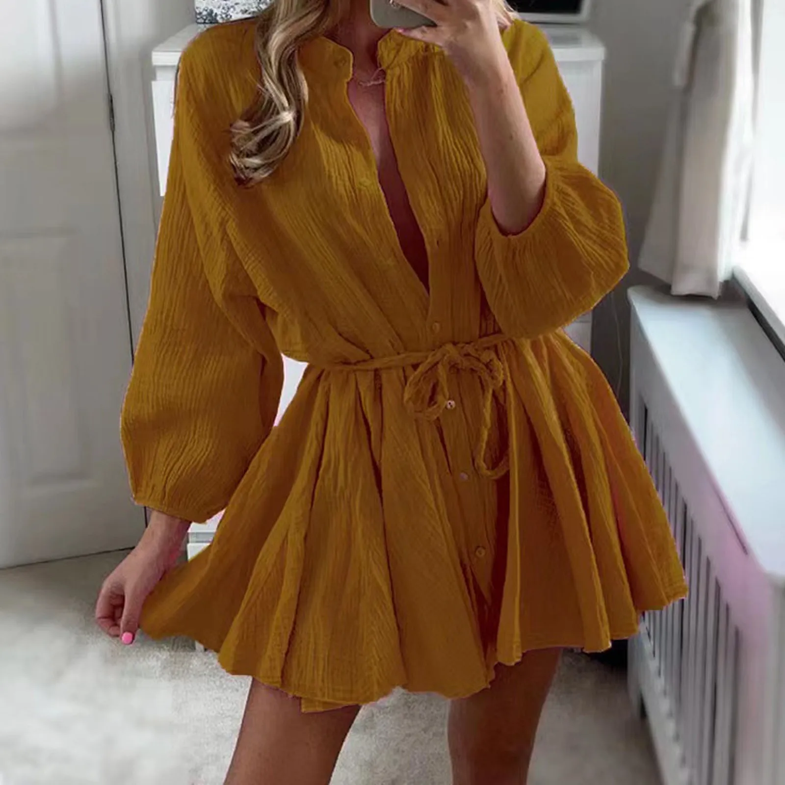 

Elegant Solid Mini Shirt Dress Woman Summer Long Sleeve Office Ladies Dresses 2024 Casual Loose Button Lace Up A-line Robe Femme