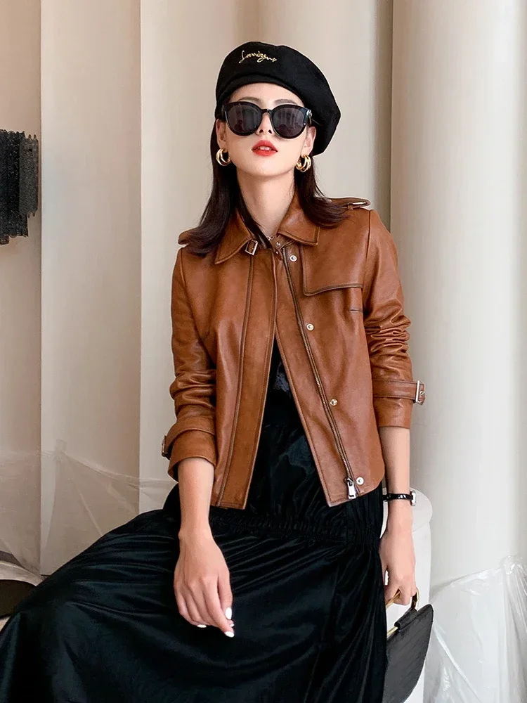 Real Genuine Leather Jacket Women Vintage Sheepskin Coat Short Slim Spring Autumn Motorcycle Biker Jacket Woman M7548 YY1793