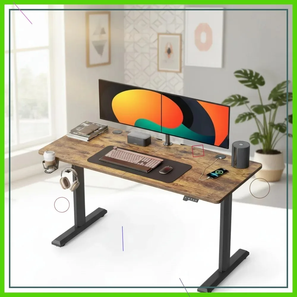 Electric Height Adjustable Standing Desk, 55x24 Inches Sit Stand Home Office Table with Splice Board, Rustic Brown