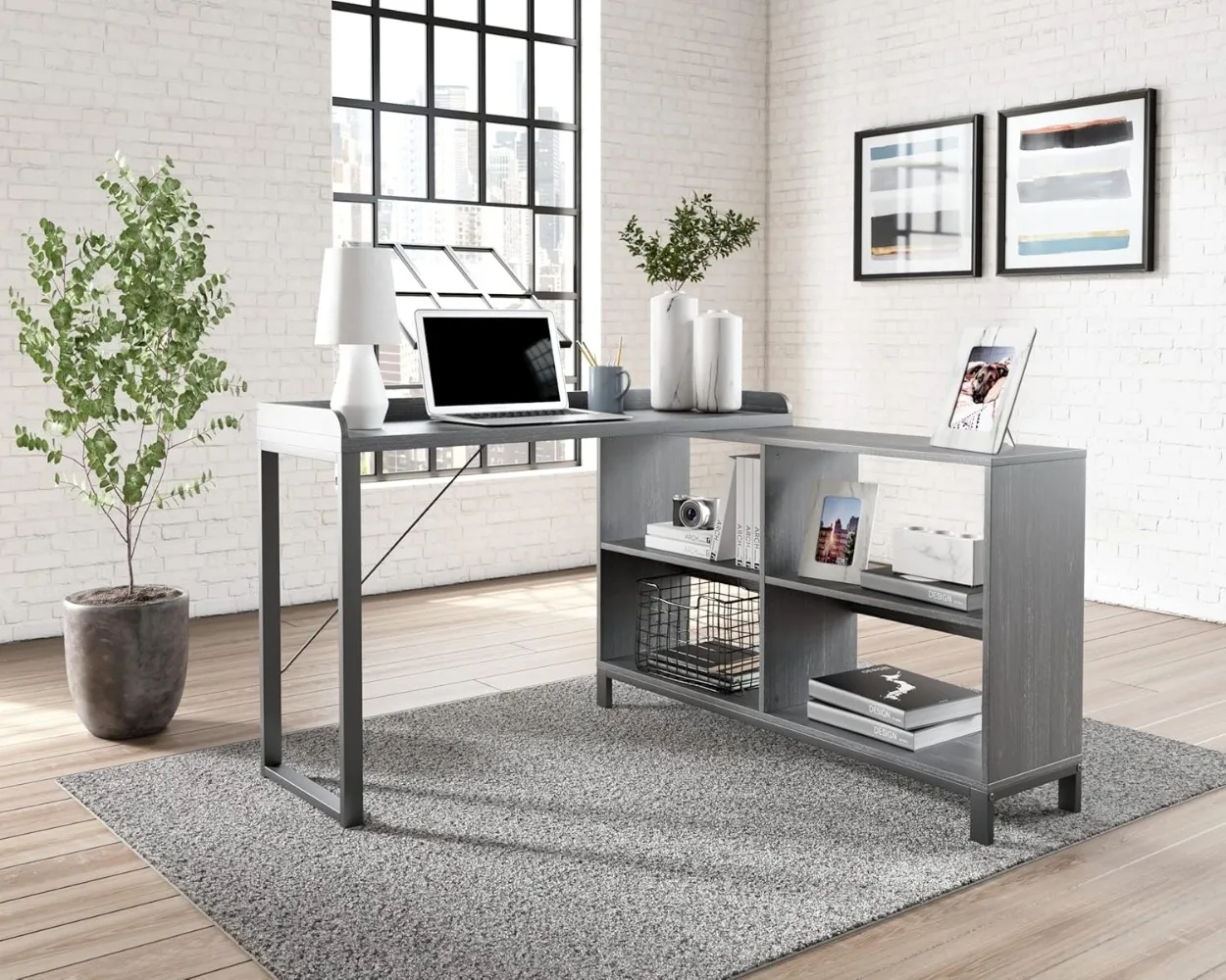 Design firmato di Ashley Yarlow Industrial Home Office scrivania a forma di L con contenitore a cubo, nero