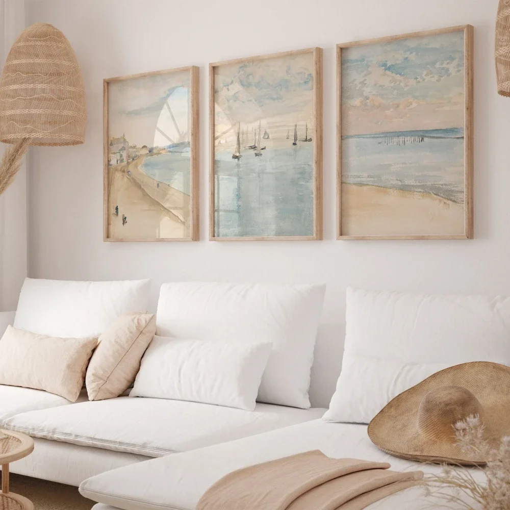Large-sized frameless 3pcs  Muted Beach Set of 3 Prints Minimalist Coastal Wall Art Neutral Summer Wall Art Beach Cottage Can
