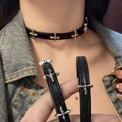 Gothic Cross Chain Necklace Leather Choker Party Punk Choker Collar Goth Necklace Women Black Leather Kawaii Witch Rave Jewelry