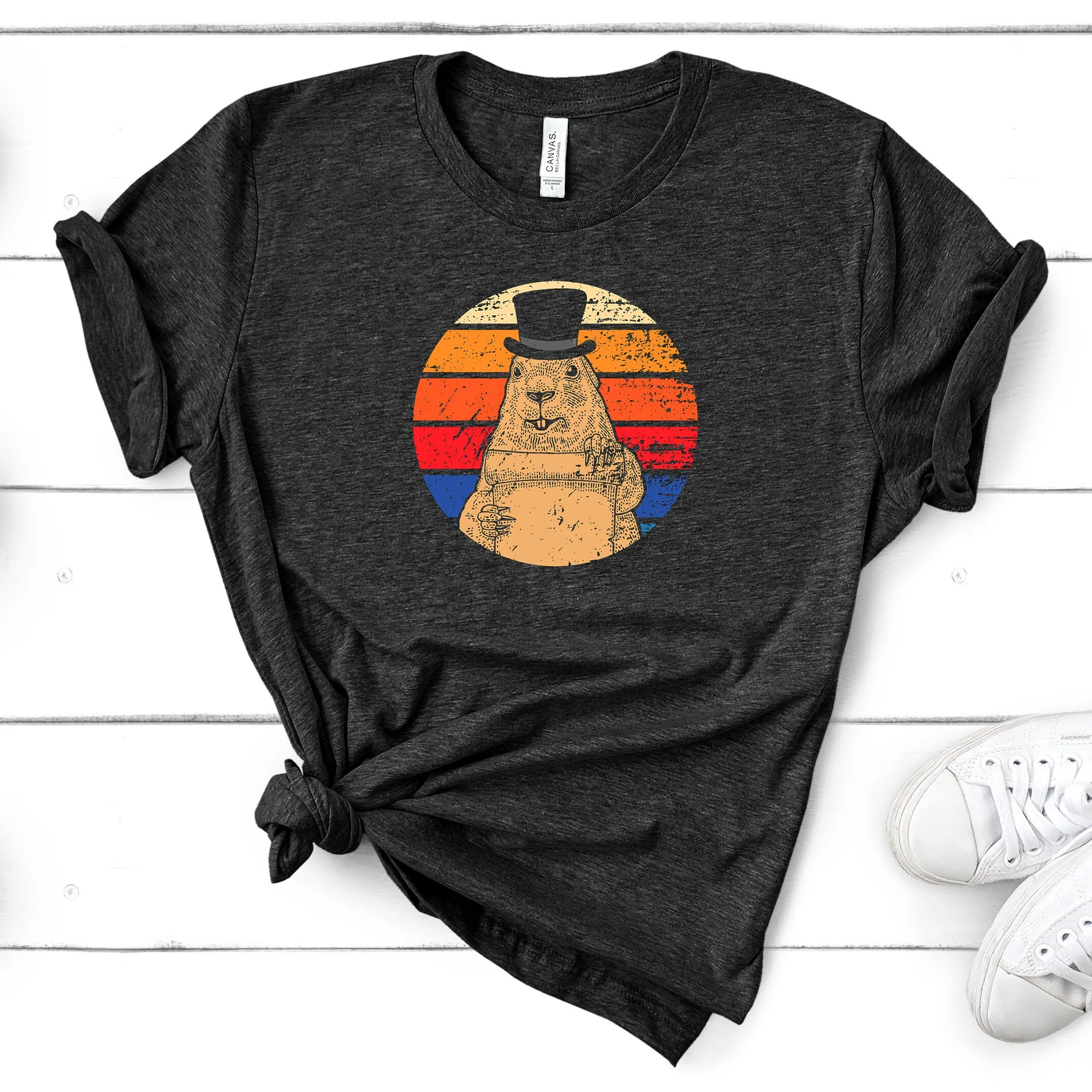 Groundhog Day T Shirt Top Hat Retro Sunset Meteorologist Weatherman